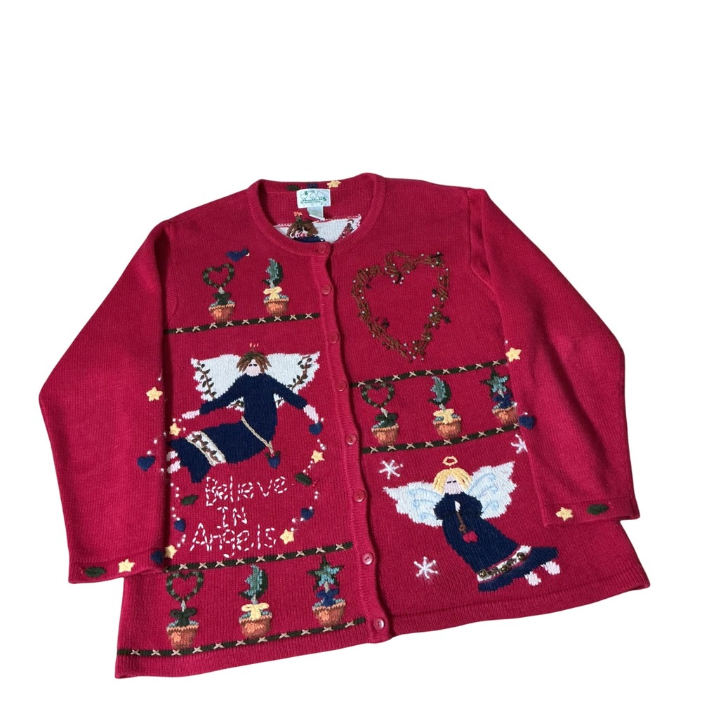 Quacker Factory Believe in Angels Cardigan Women L Red Knit Holiday Sweater